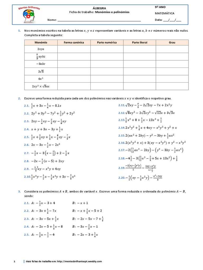 Ficha de Trabalho: Monômios e Polinômios | PDF | Matemática | Álgebra
