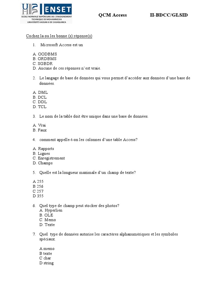 QCM Access : Test de Connaissances | PDF | Microsoft Access | Fichier ...