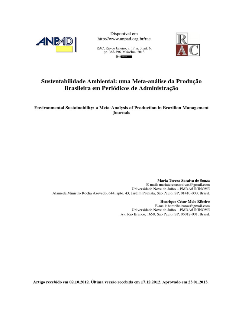 Sustentabilidade Ambiental Uma Meta-Análise Da Produção Brasileira em ...