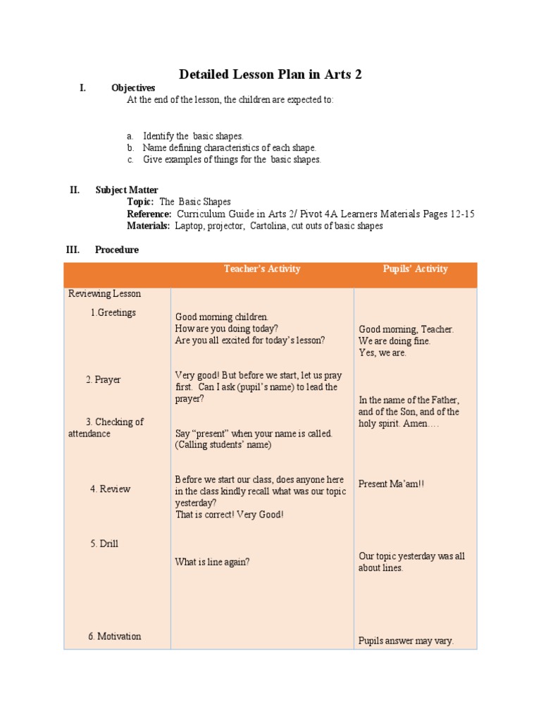 Detailed Lesson Plan in Arts 2 | PDF | Shape | Triangle