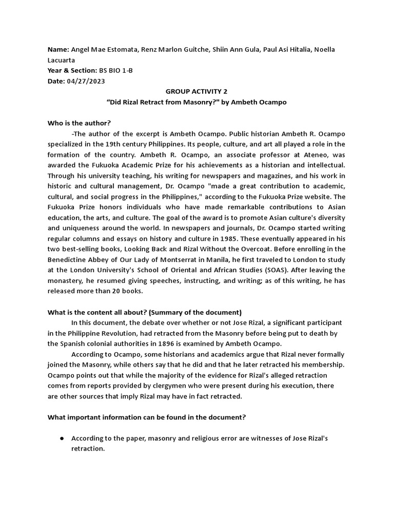 Did rizal retract from masonry pdf