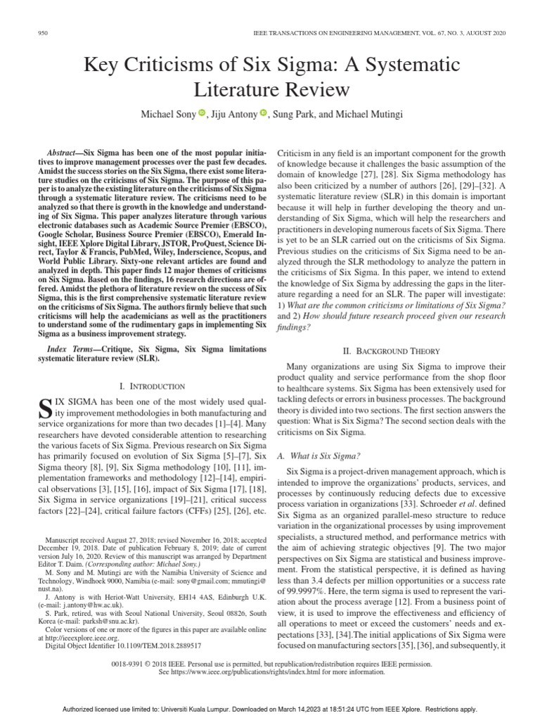 1 Key Criticisms of Six Sigma A Systematic Literature Review | PDF