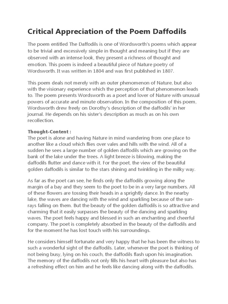 Critical Appreciation of The Poem Daffodils PDF William Wordsworth