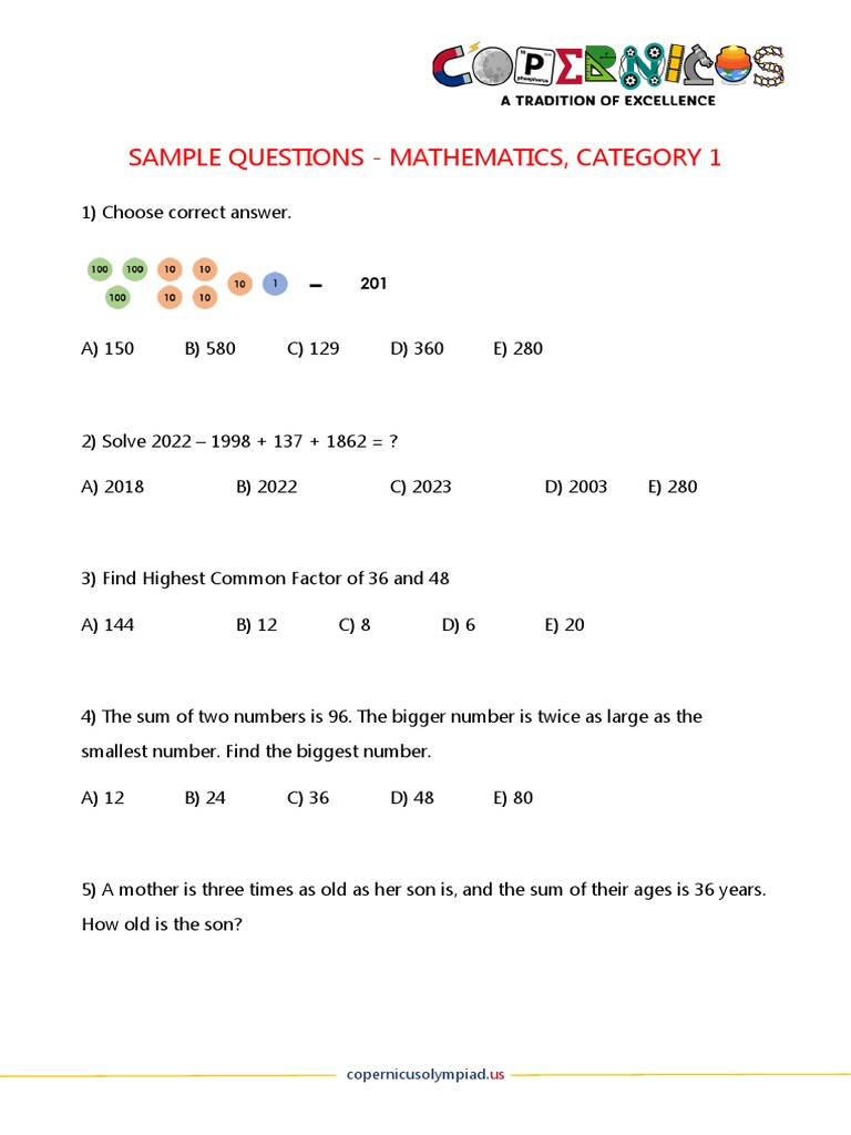 Sample Questions Mathematics Category 1 | PDF | Area | Elementary ...