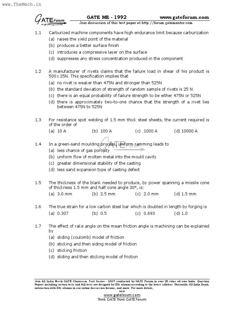 GATE 1992 Mock Test Questions | PDF | Strength Of Materials | Nozzle