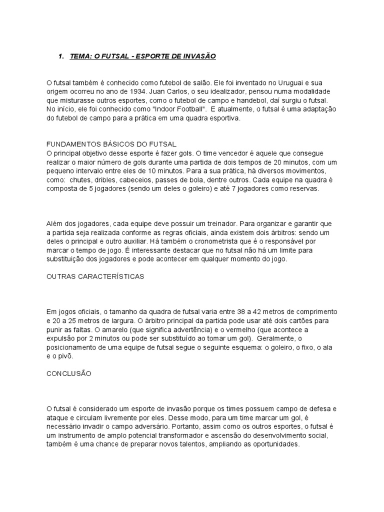 Futsal: Esporte de Invasão Explicado | PDF | Futebol | Esportes
