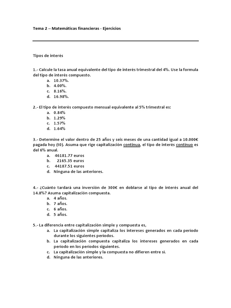 Ejercicios de Matemáticas Financieras | PDF | Interés compuesto | Tasas ...
