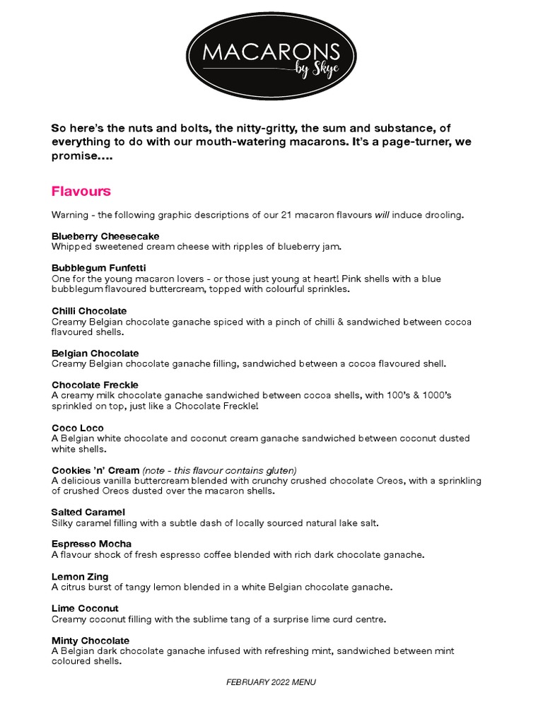 Skye's Gourmet Macaron Menu | PDF | Chocolate | Macaron