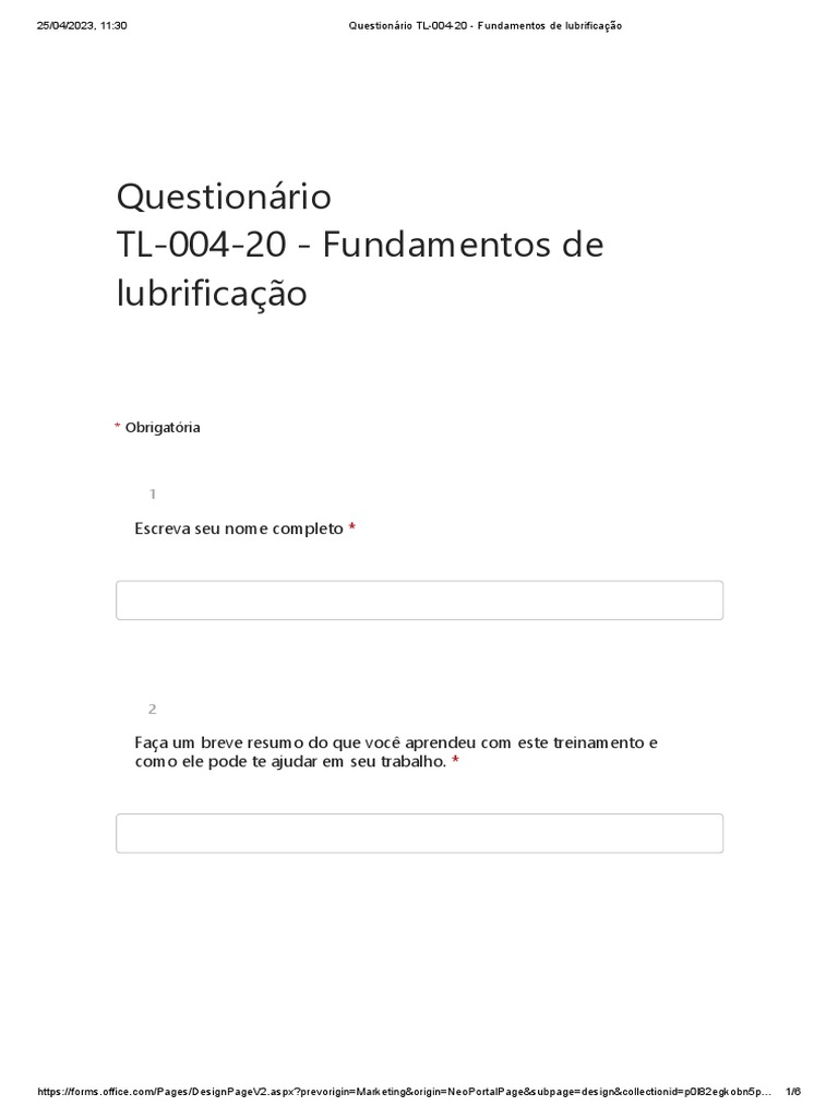 Questionário TL-004-20 - Fundamentos de Lubrificação | PDF