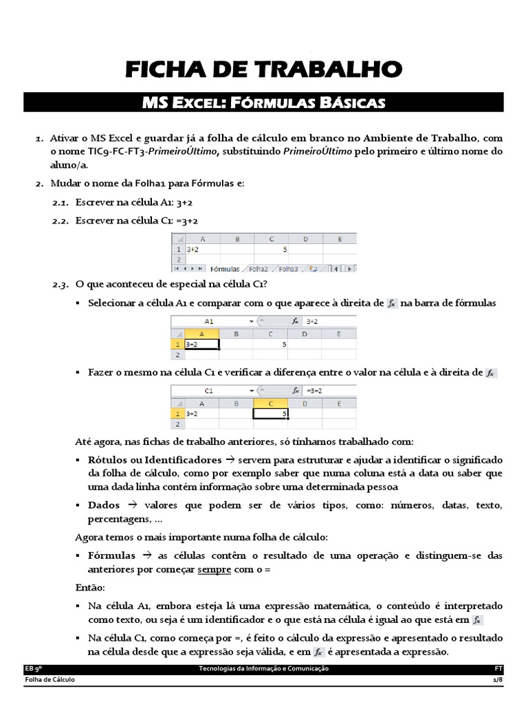 Fórmulas Básicas no MS Excel | PDF | Cálculo