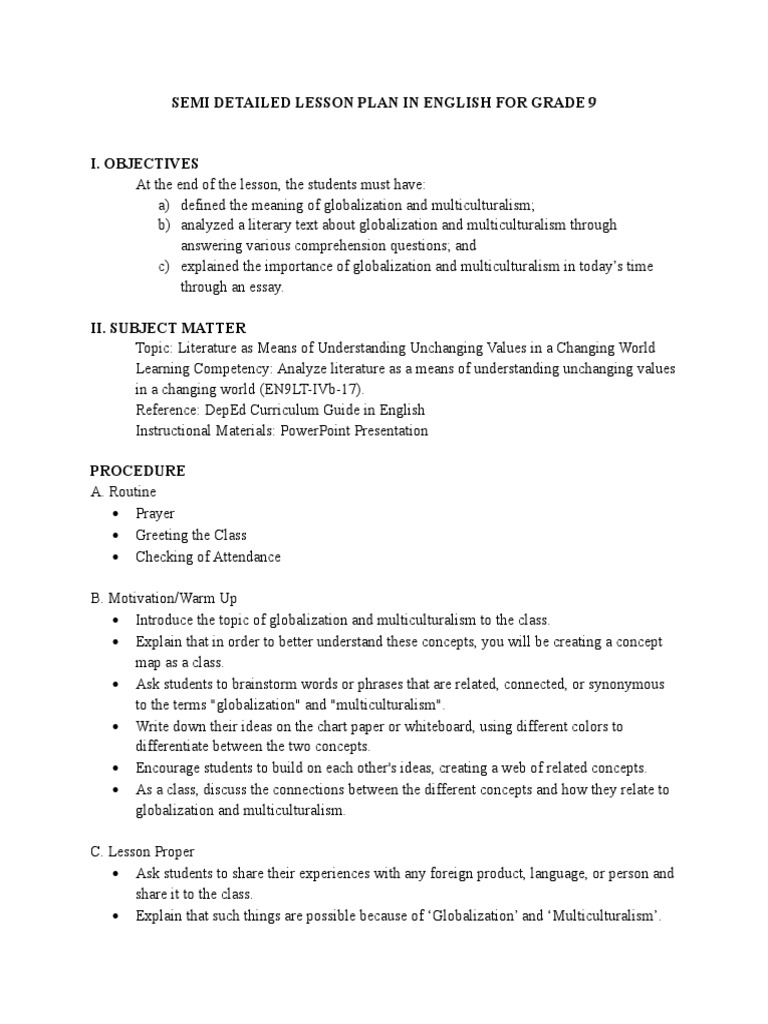 Grade 9 English Lesson on Globalization | PDF | Globalization | Lesson Plan