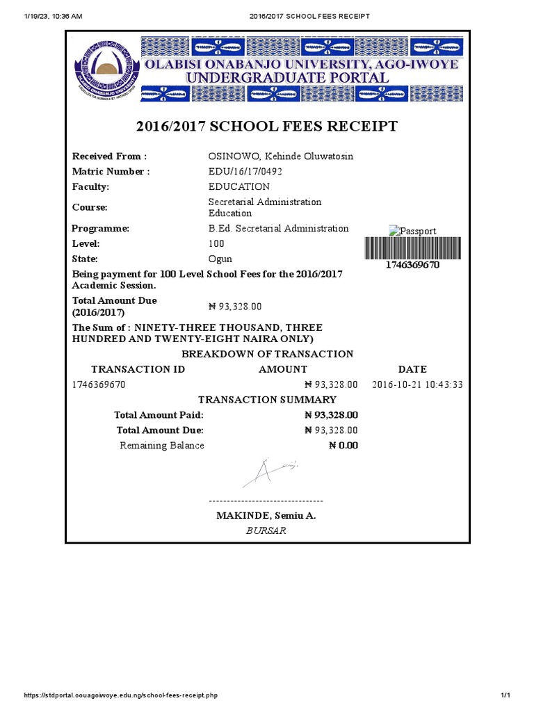 2016 - 2017 School Fees Receipt PDF | PDF