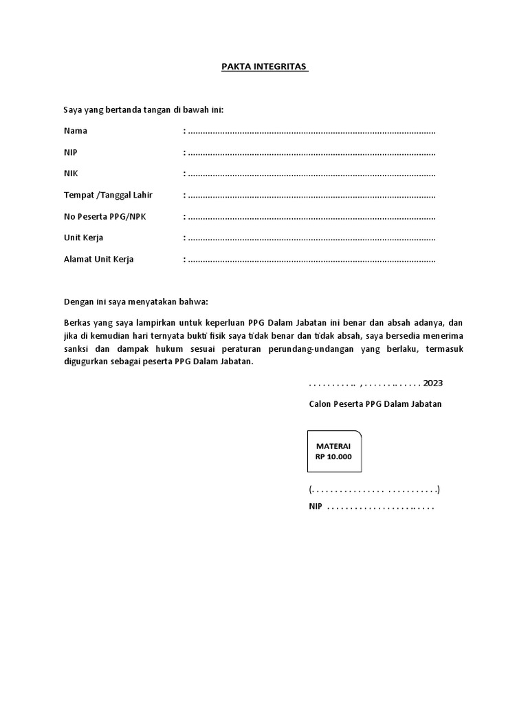 Pakta Integritas Ppg Daljab 2022 Pdf