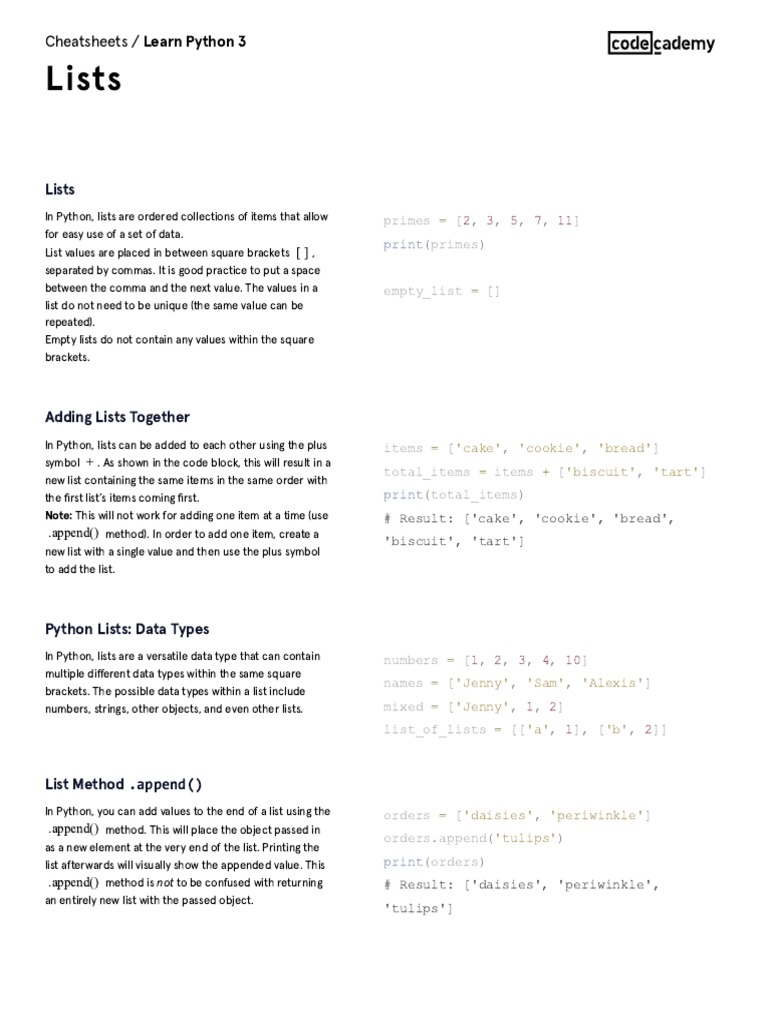 Learn Python 3 - Lists Cheatsheet - Codecademy | PDF