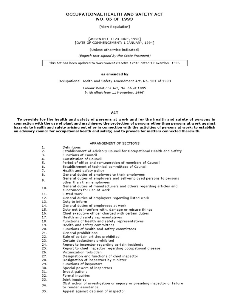 Occupational Health and Safety Act, No. 85 of 1993 PDF Occupational