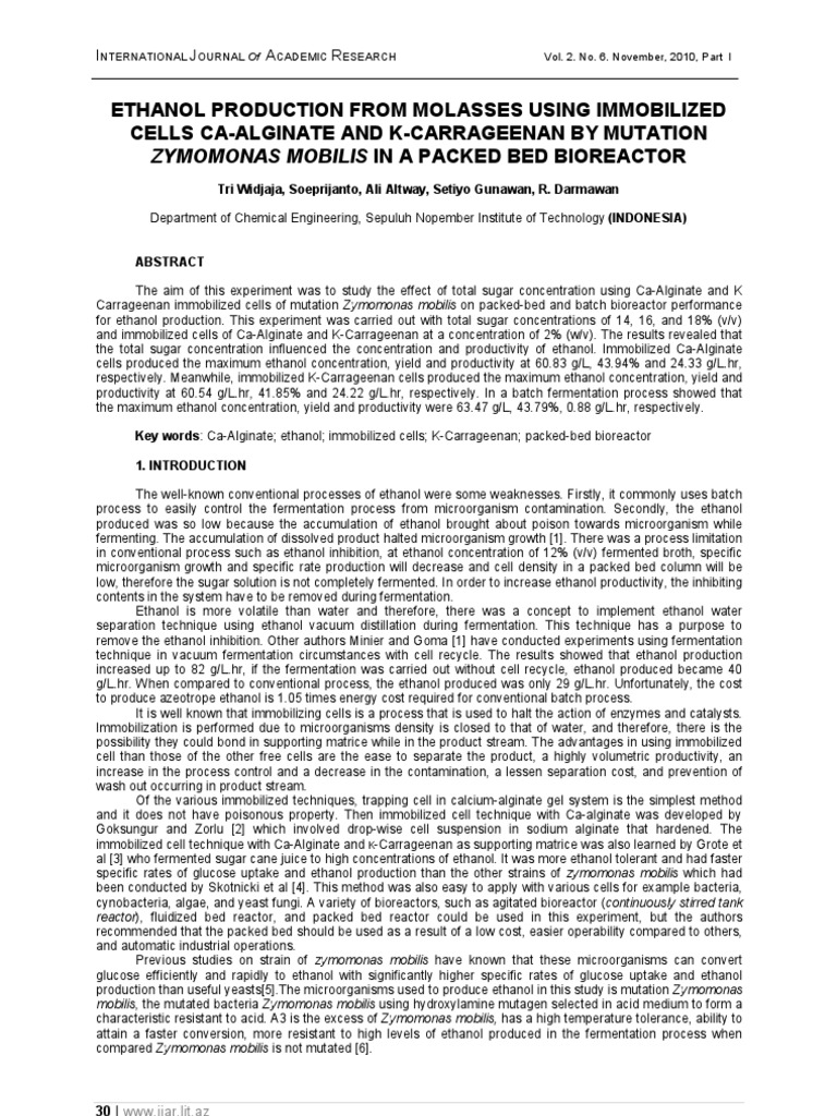 Ethanol Production via Immobilized Zymomonas | PDF | Ethanol | Fermentation