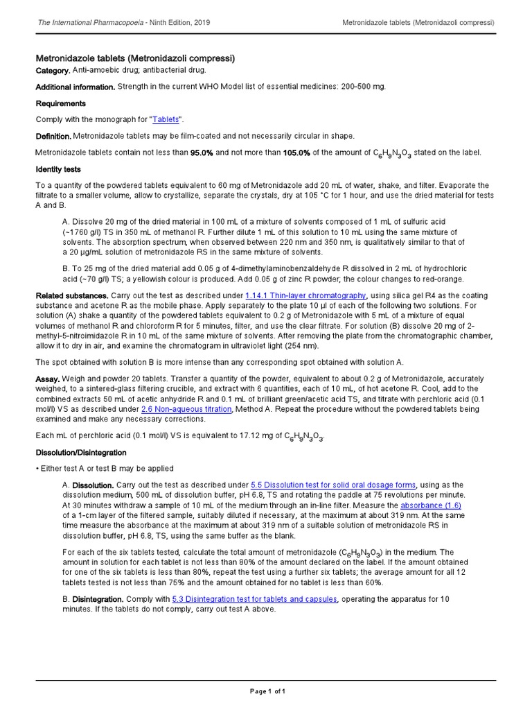 Metronidazole Tablets Monograph | PDF | Tablet (Pharmacy) | Filtration