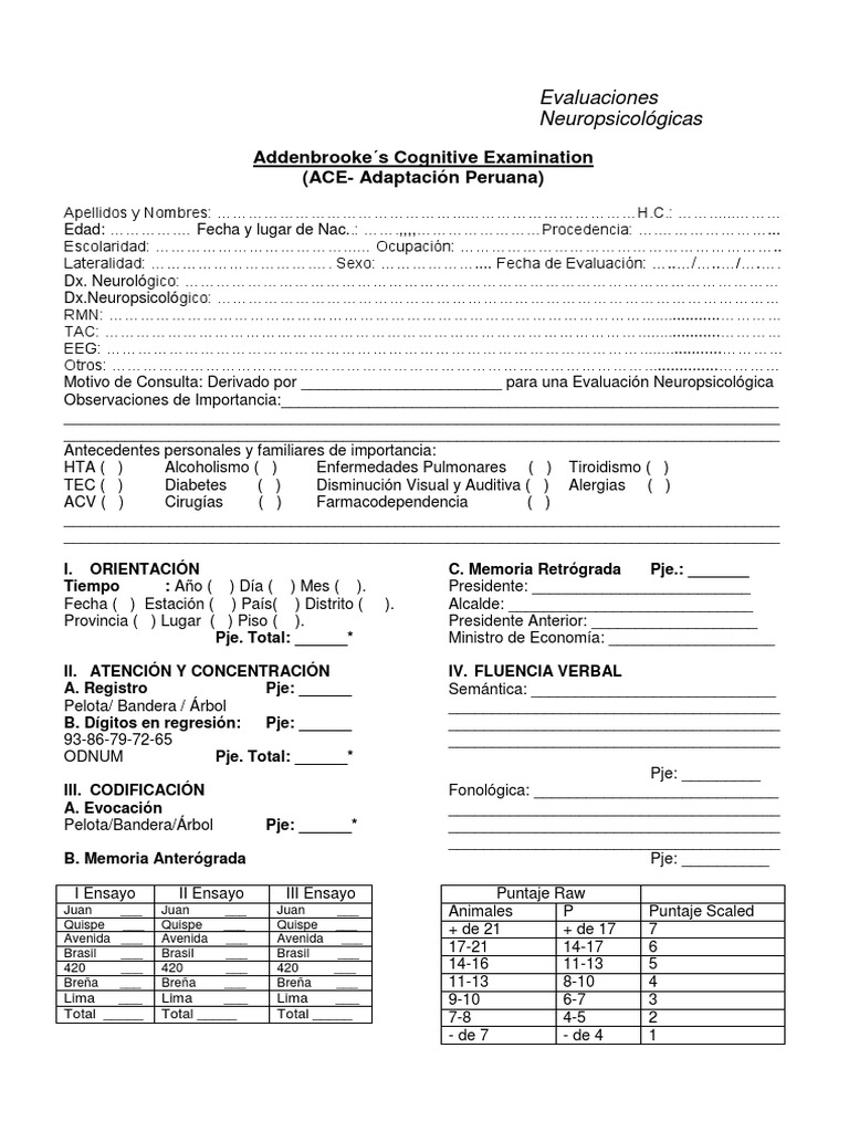 Evaluación ACE 58 en Neuropsicología | PDF | Especialidades Medicas ...