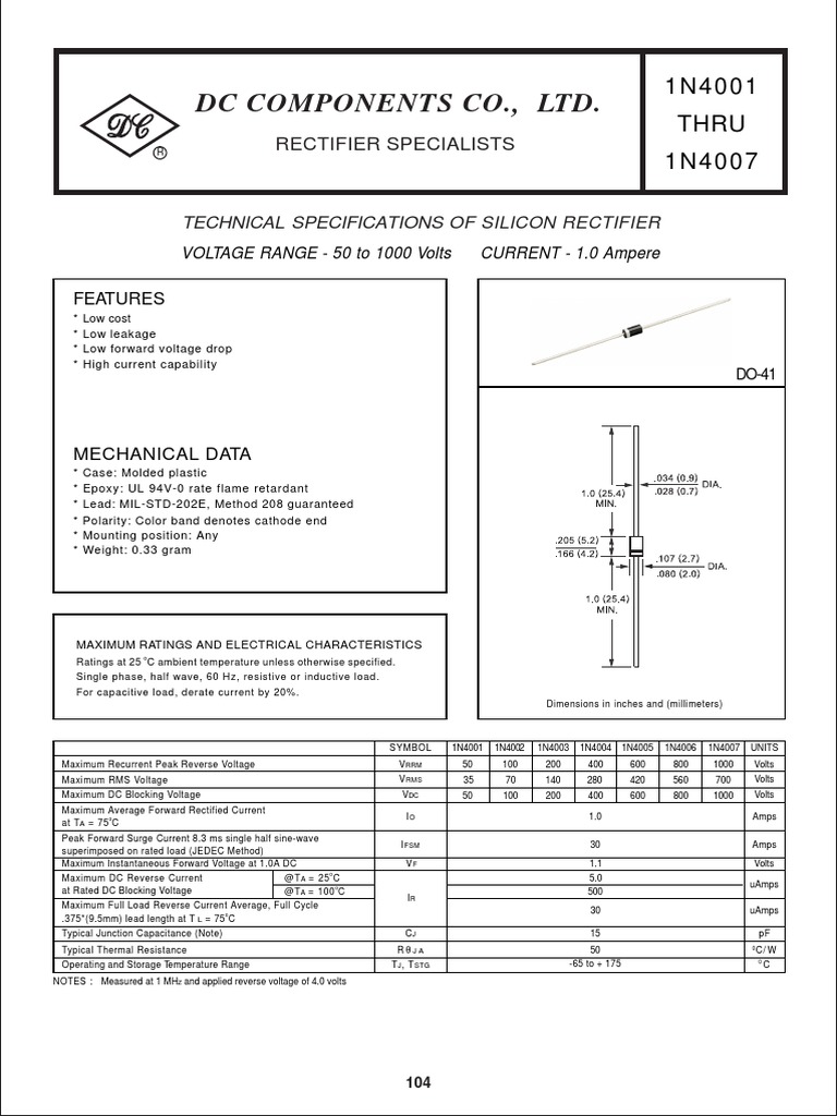 DC Components Co., LTD.: 1N4001 Thru 1N4007 | PDF | Rectifier | Voltage