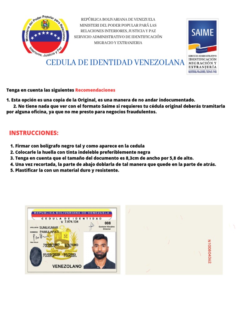 Instrucciones para Cédula de Identidad Venezolana | PDF