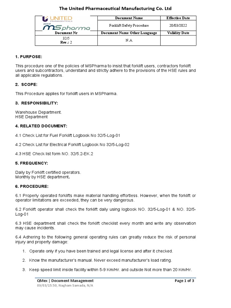 Forklift Safety Procedure | PDF | Forklift | Transport