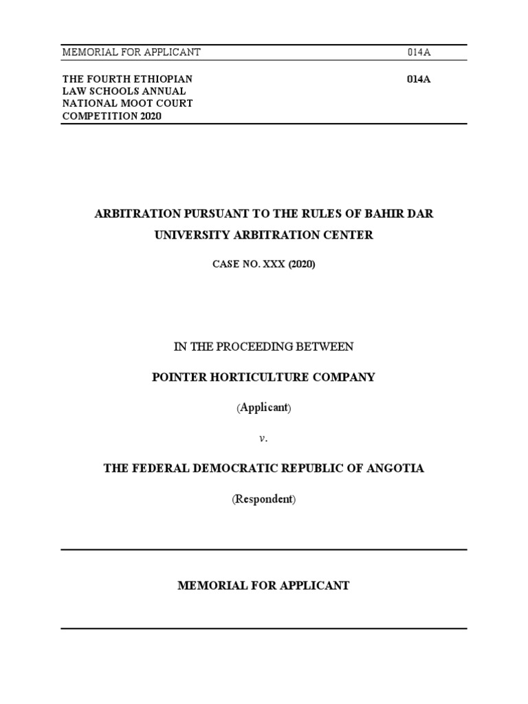 Moot Court MEMORIAL FOR APPLICANT PDF Arbitration Damages