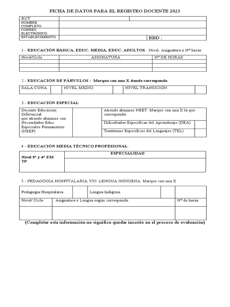 Registro docente 2023: Ficha de datos para docentes | PDF