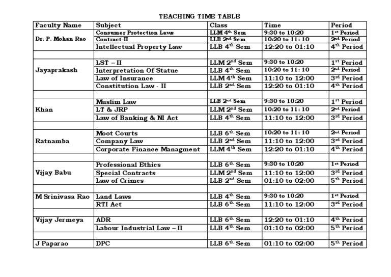 Teaching Time Table PDF