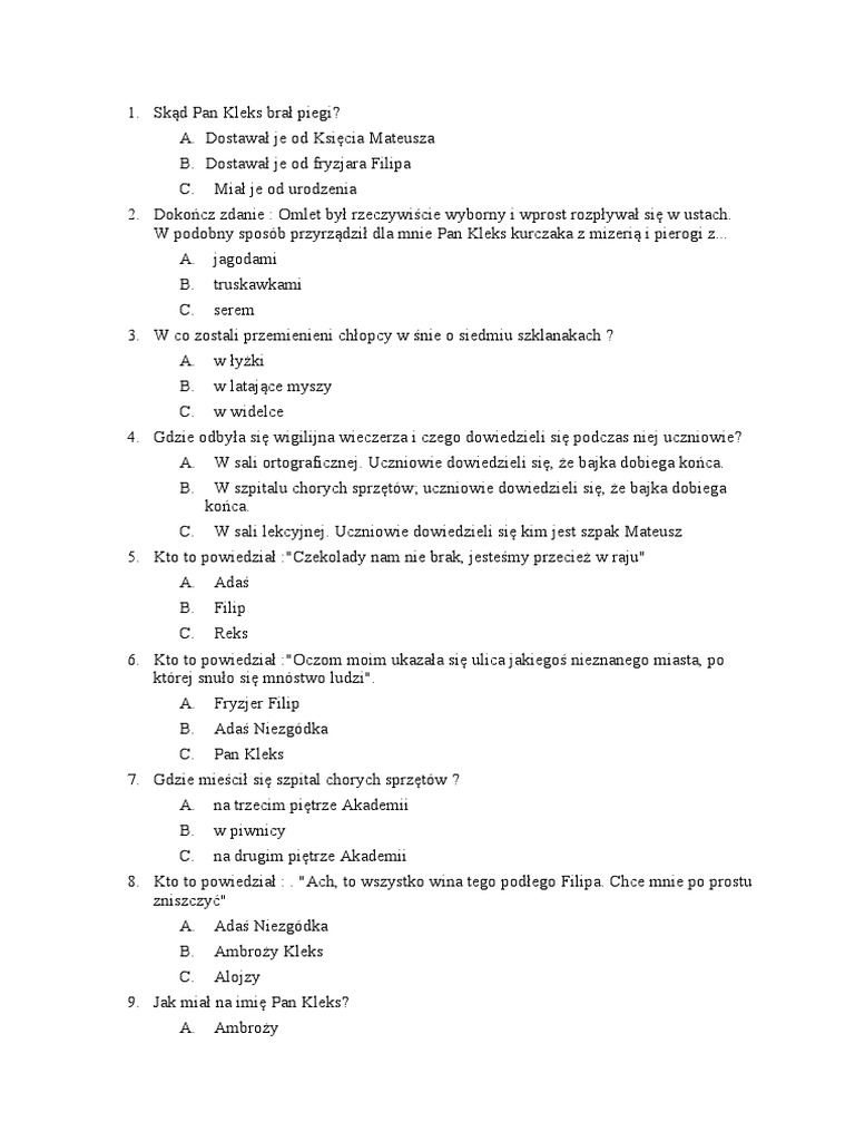 Test Z Akademii Pana Kleksa TEST Z Odpowiedziami Akademia Pana Kleksa Dobry | PDF