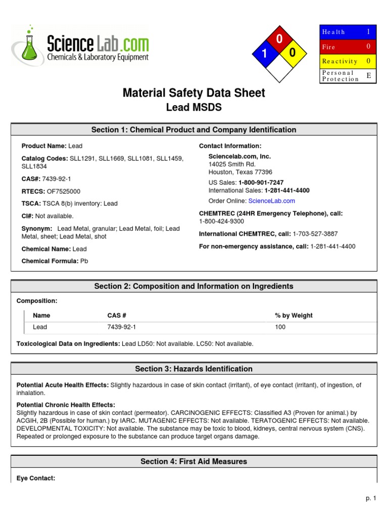 Plomo Lead Msds Sciencelab PDF Personal Protective Equipment