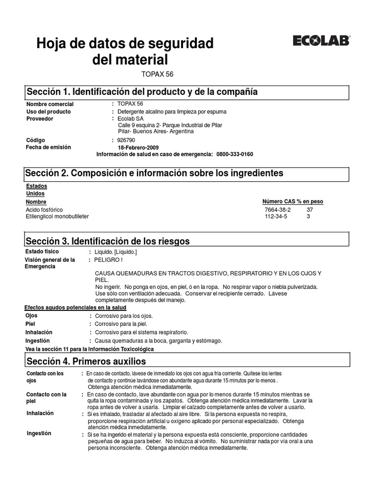 Ficha Técnica de TOPAX 56 Ecolab | PDF
