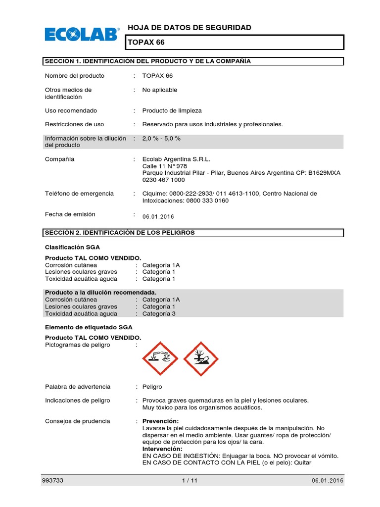 Ficha Técnica de Topax 66 Ecolab | PDF | Reciclaje | Quemar