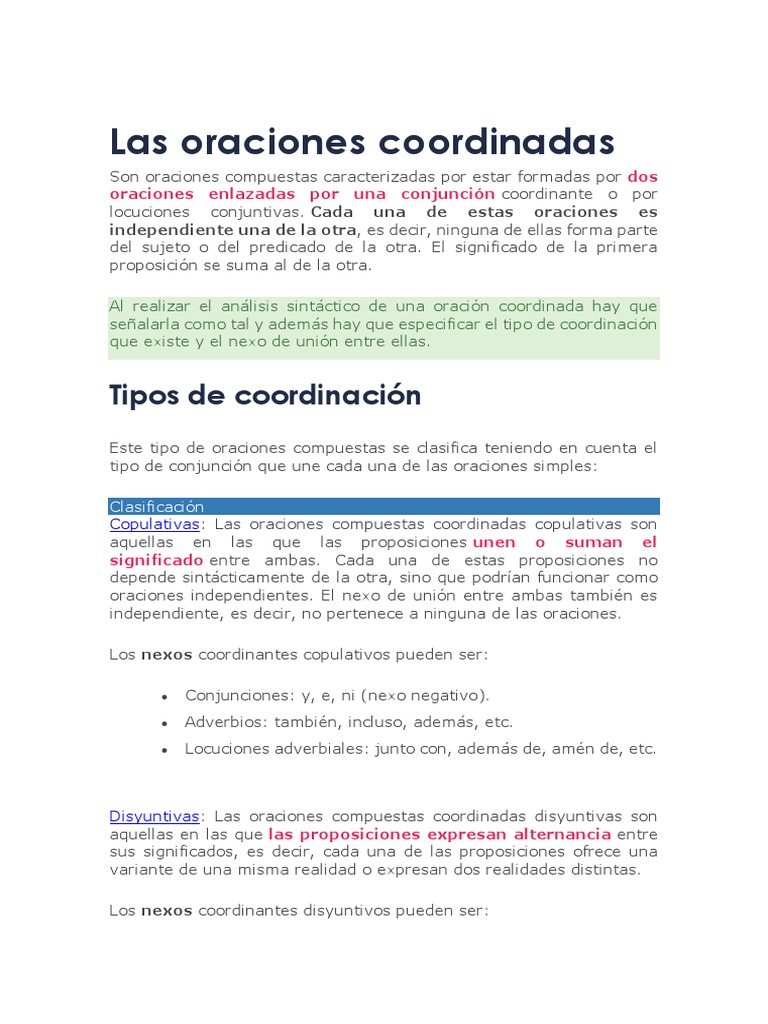 Tipos de oraciones coordinadas | PDF | Oración (Lingüística) | Semántica