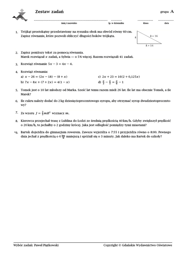 Sprawdzian Azja 8 Klasa Sprawdzian. Równania Kl. VIII PDF | PDF