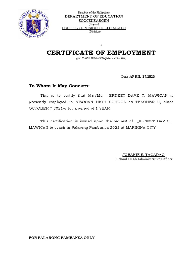 CerificateOfEmployment DEPED PErsonnel 2014 1 PDF