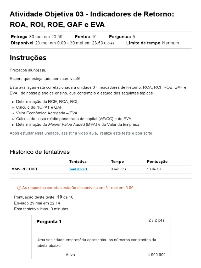 Atividade Objetiva 03 - Indicadores de Retorno - ROA, ROI, ROE, GAF e ...