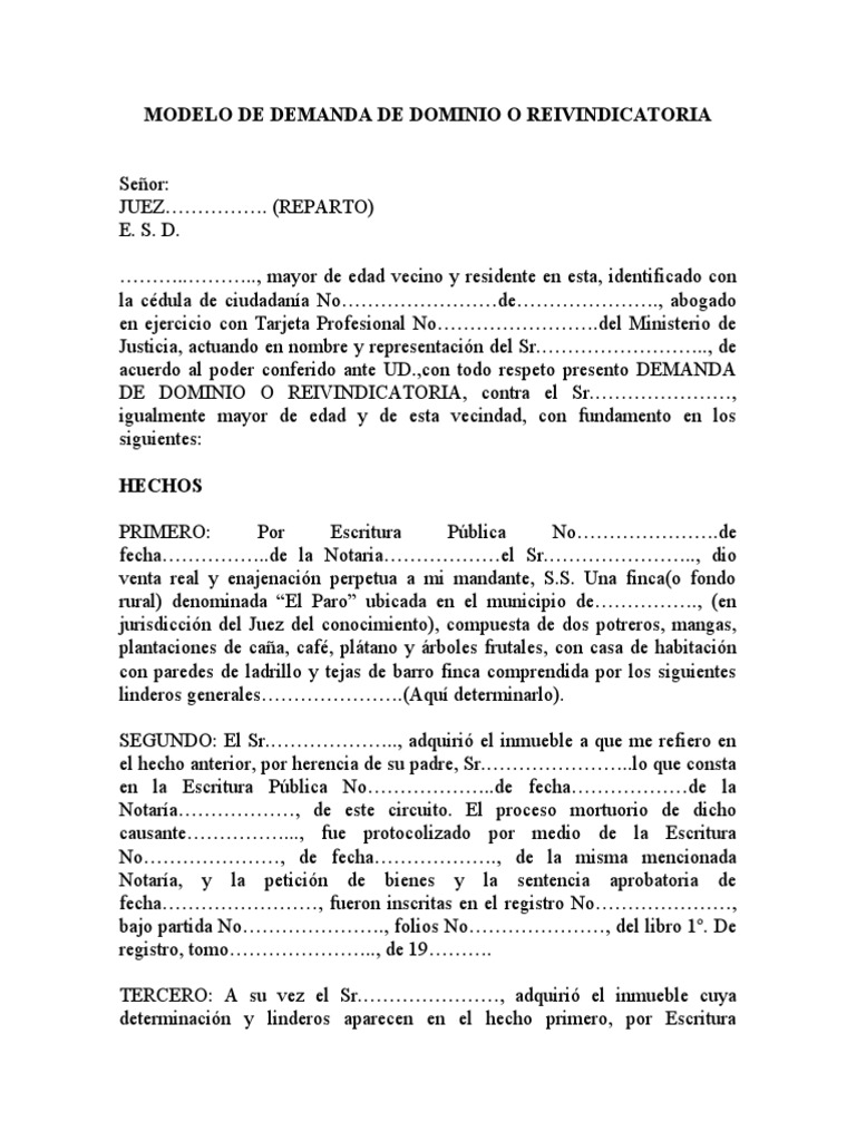Modelo de Demanda de Dominio o Reivindicatoria | PDF | Daños y