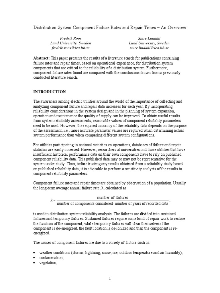 Distribution System Component Failure Rates and Repair Times An