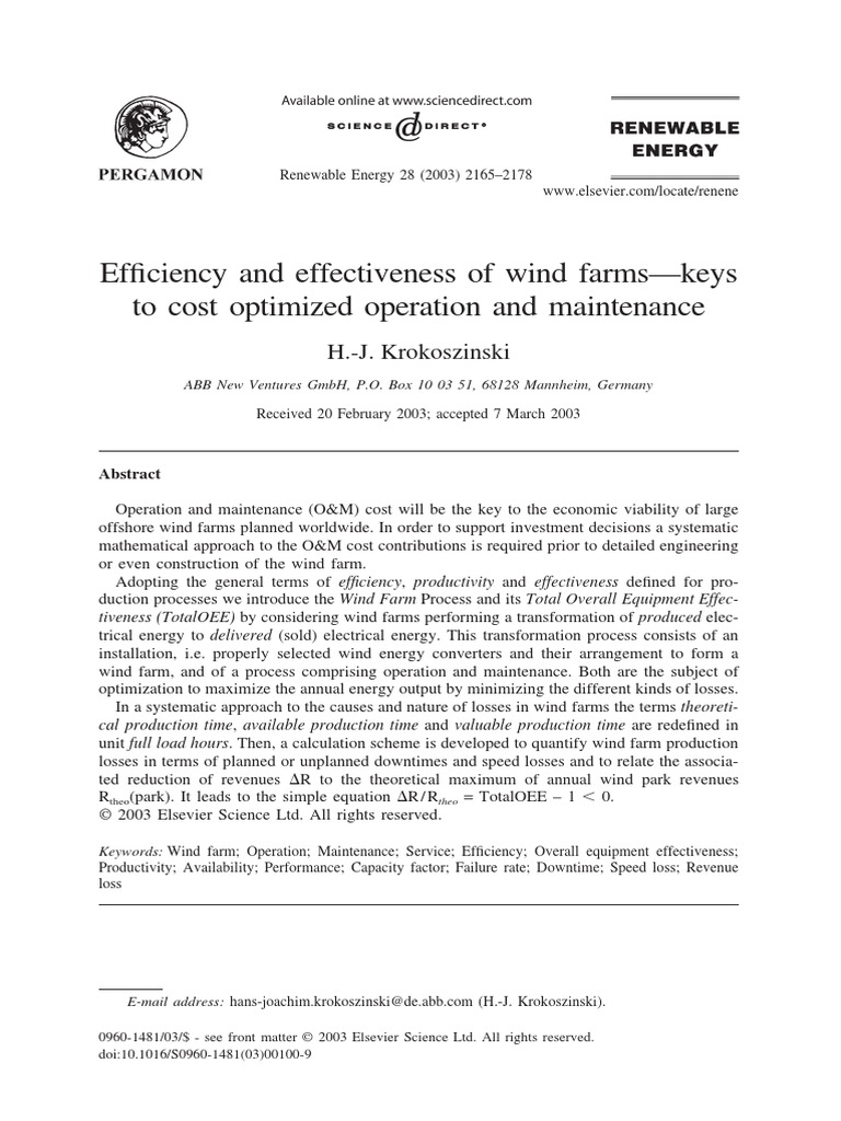 Efficency and Effectiveness of Wind Farms Key To Cost O&M PDF
