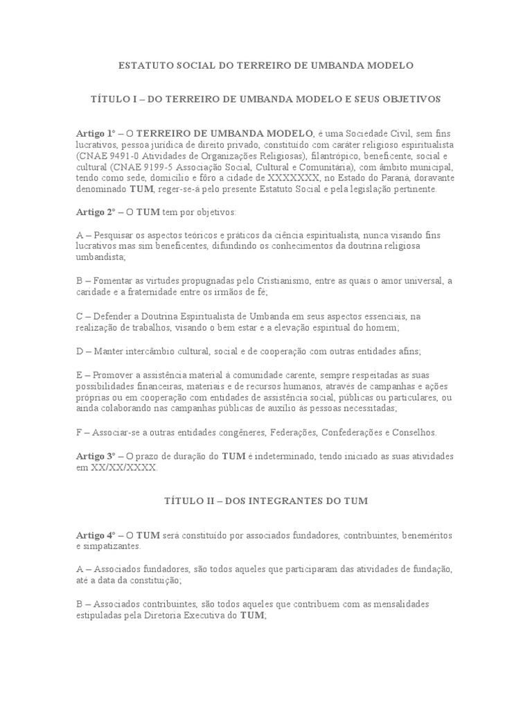 Modelo Estatuto Social Do Terreiro de Umbanda | PDF | Conselho de ...
