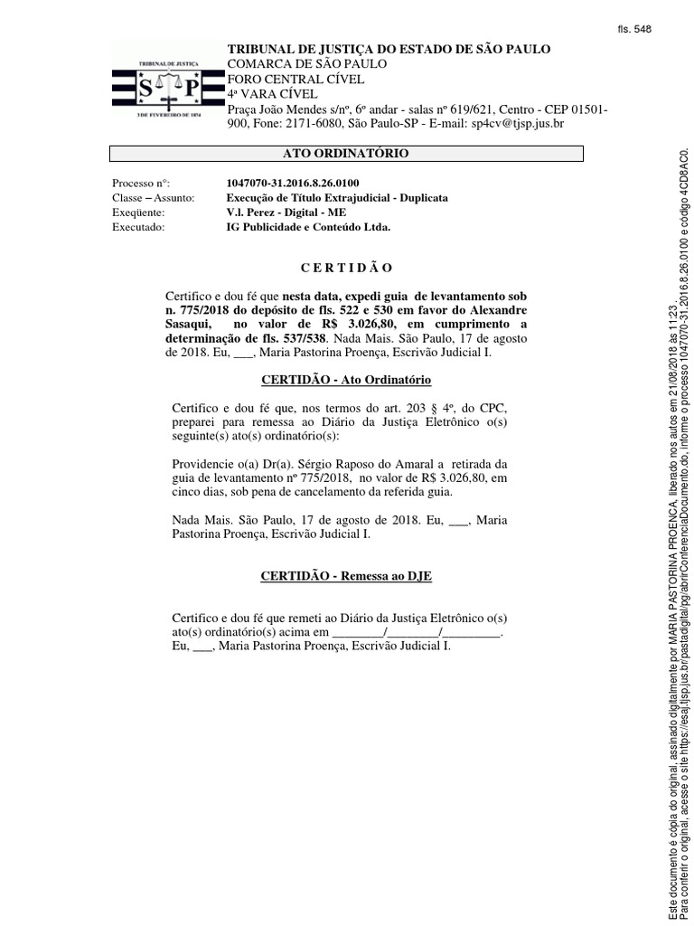 ato ordinario - certidao expedicao de guia levantamento | PDF