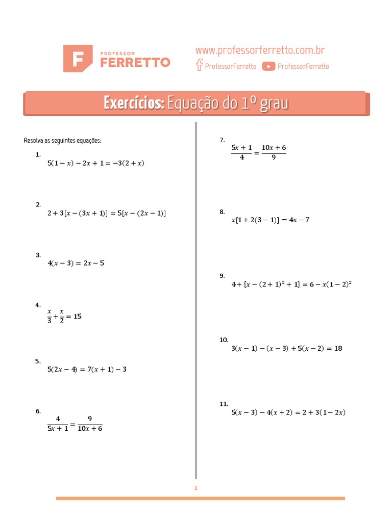 Lista de Exercícios 74 - Equação Do 1° Grau | PDF | Equações