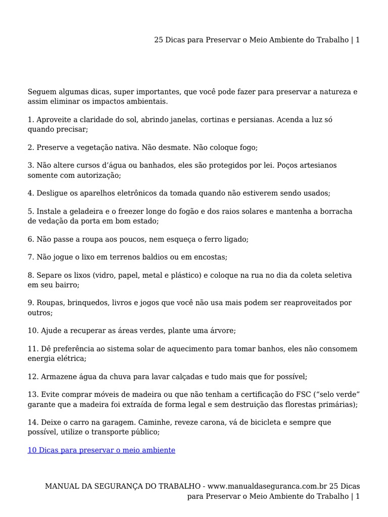 DSS - Dicas para Preservar o Meio Ambiente do Trabalho | PDF | Desperdício
