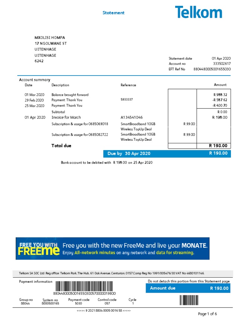 Telkom Invoice and Payment Details | PDF | Money | Economies