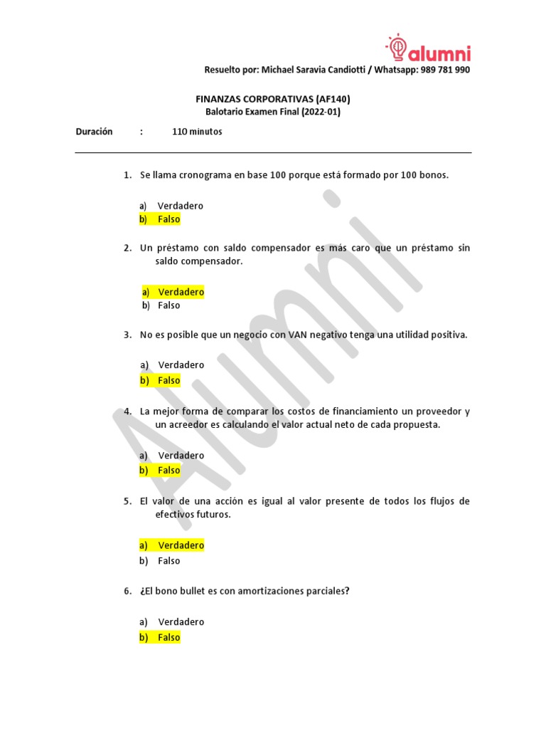 Balotario Examen Final Finanzas Corporativas | PDF | Interés | Deuda