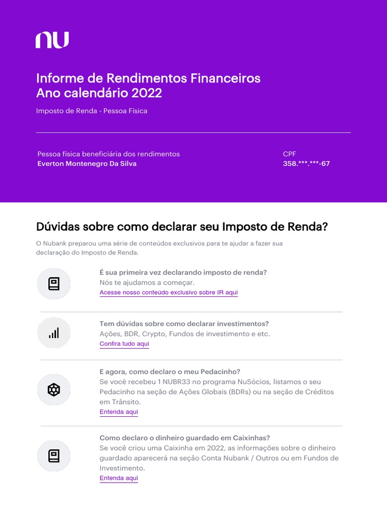 Informe de Rendimentos 2022 - Nubank | PDF | Impostos | Imposto de Renda