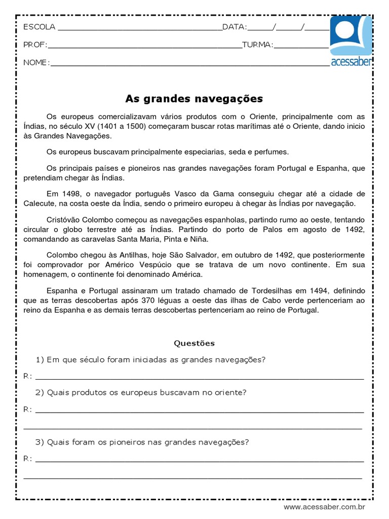 Atividade de Historia As Grandes Navegacoes 4 Ano e 5 Ano | PDF | Era ...
