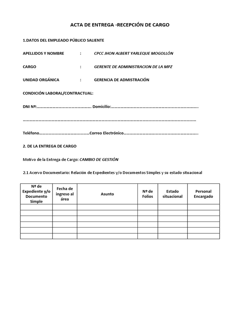 Acta de Entrega Cargo | PDF | Bienes manufacturados | Equipo de oficina