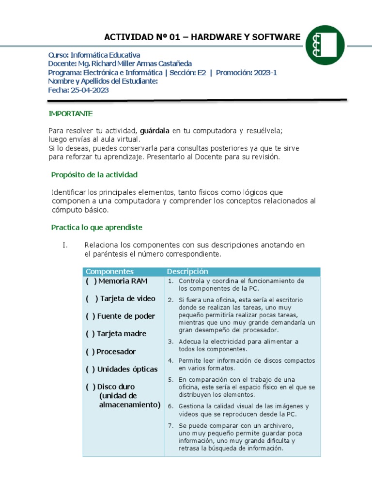 Hardware y Software: Actividad 01 | PDF | Hardware de la computadora ...
