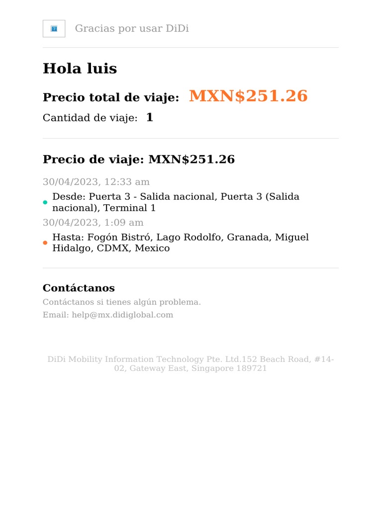 Recibo de viaje DiDi - 30/04/2023 | PDF
